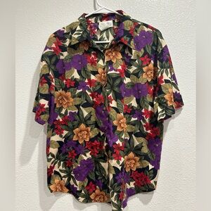 Vintage Stevens Short-Sleeve Multicolor Floral Button-up Collared Shirt Sz Med